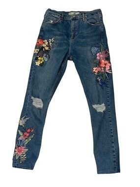 Topshop Dark Blue Skinny Jeans with Multicolor Floral Embroidery